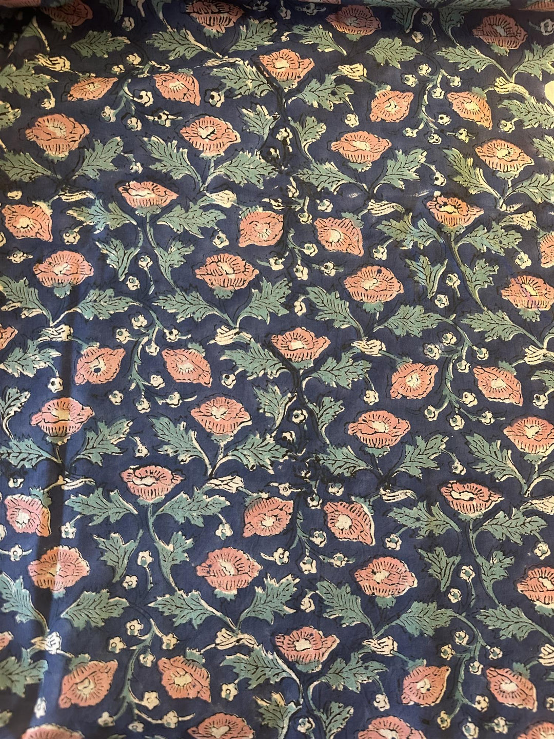 Blokktrykket stoff i metervare 10 meter lengde blue w/pink