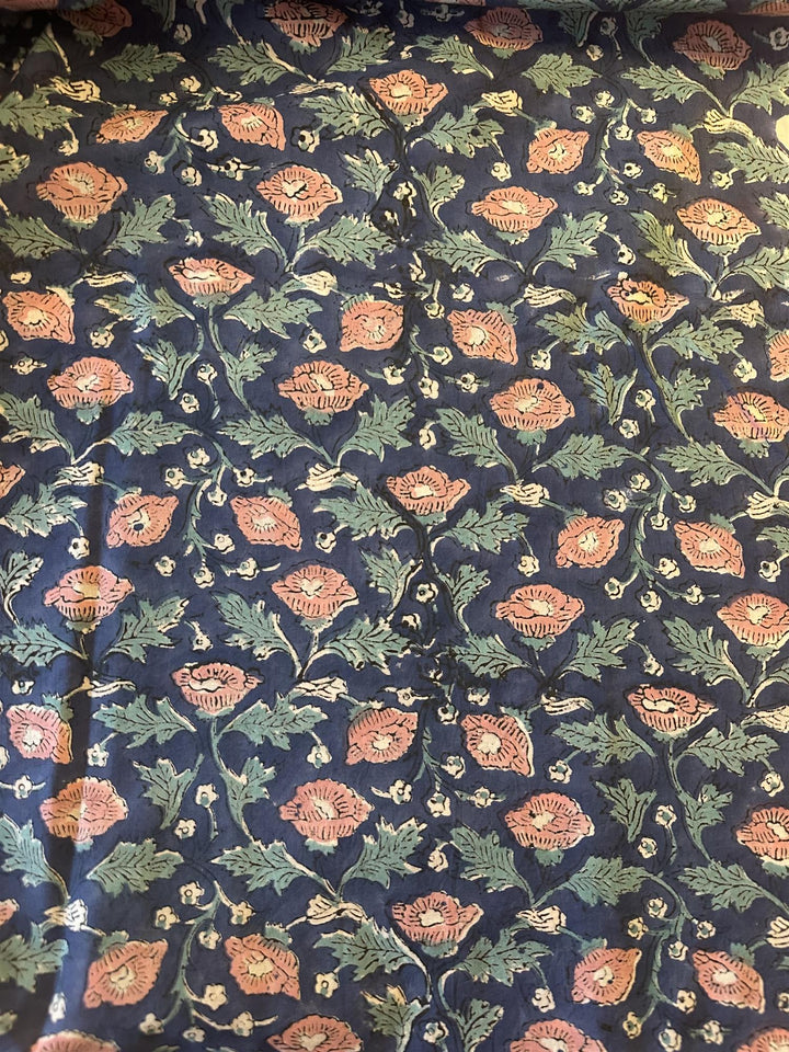 Blokktrykket stoff i metervare 10 meter lengde blue w/pink