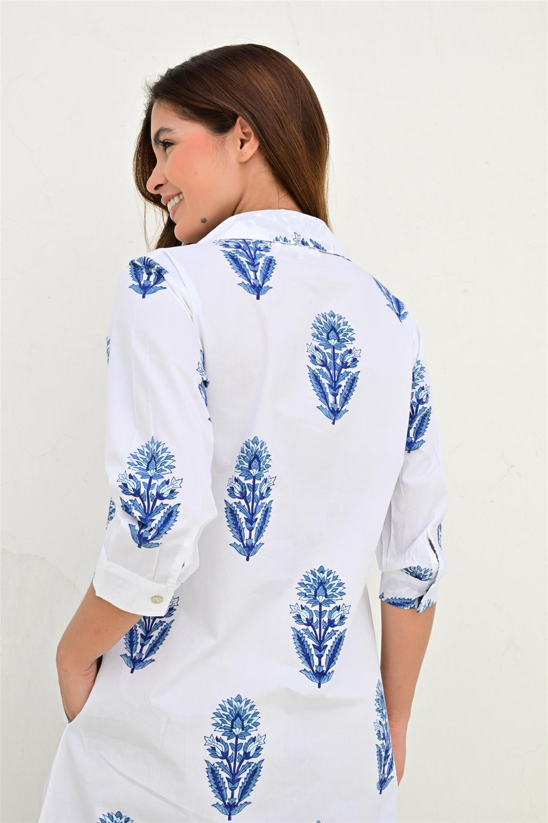 Bayonne skjortekjole lang poplin white/blue