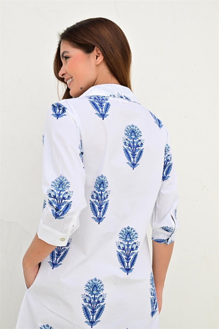 Bayonne skjortekjole lang poplin white/blue