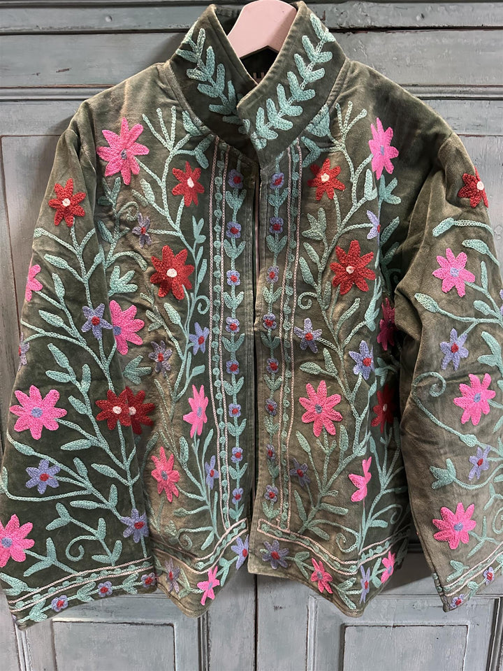 Anouska jakke velur med broderier grønn