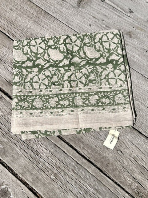 Duk 100% lin blokktrykket mønster 150x350 cm natur & grønn