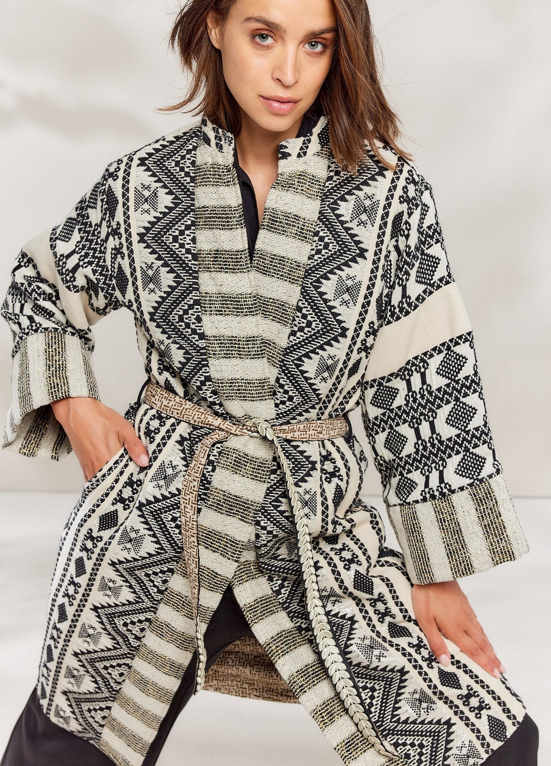 Kimono reversibel jaquard black ivory