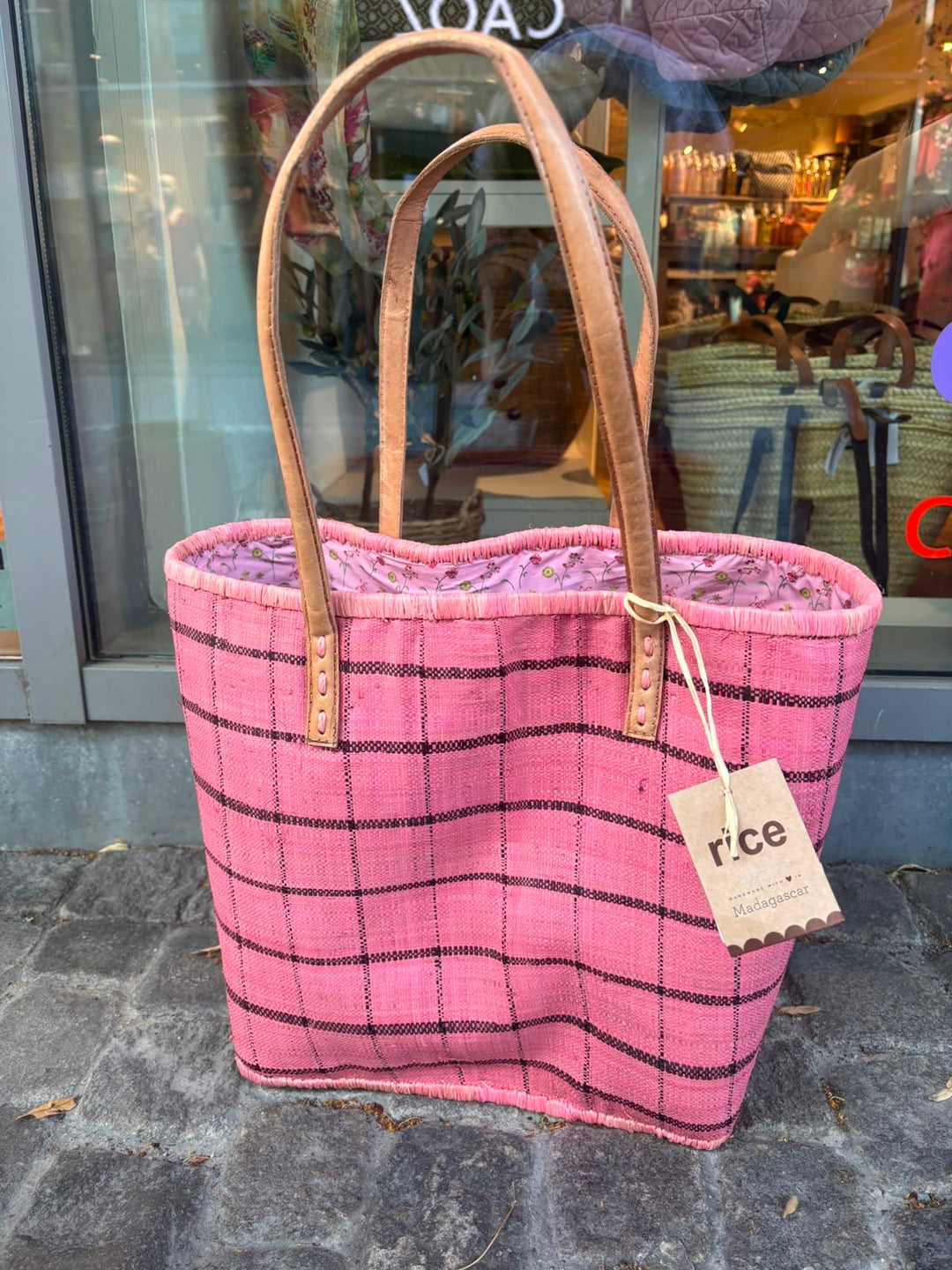 Raffia bag Large soft pink/ brun ruter