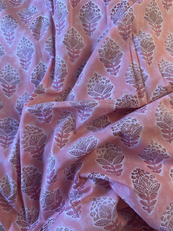 Blokktrykket stoff i metervare 10 meter lengde coral