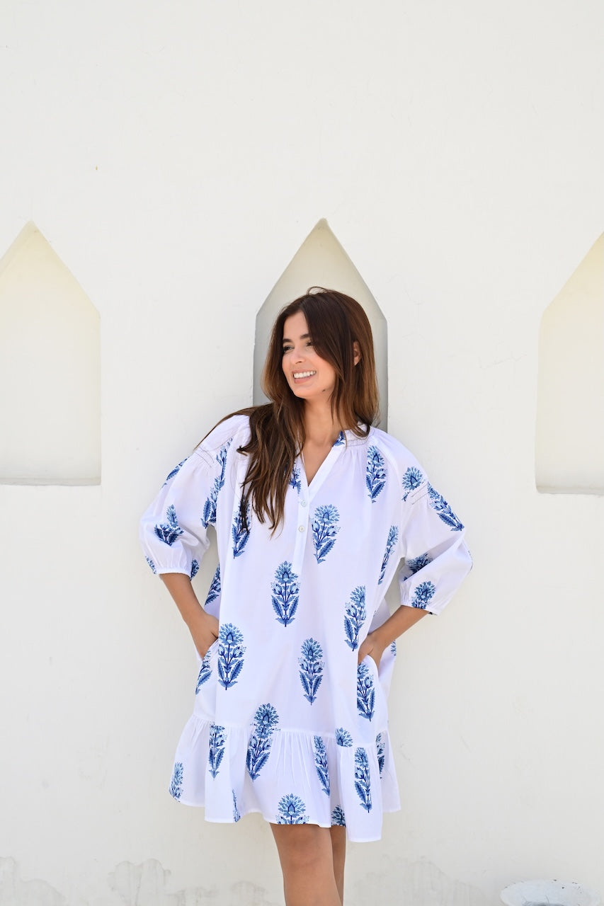 Bayonne kort kjole poplin white/blue