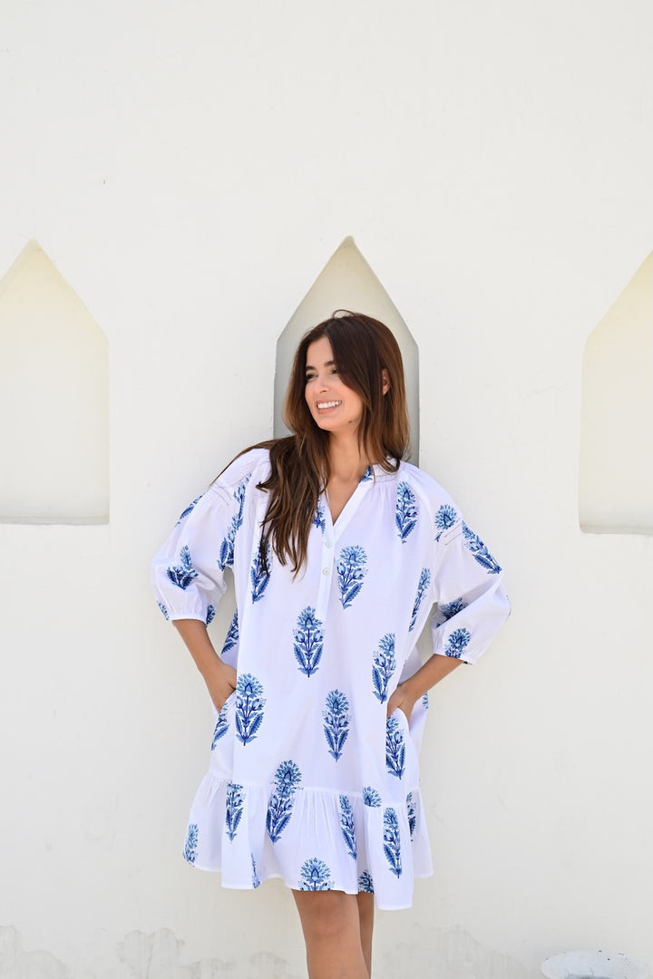 Bayonne kort kjole poplin white/blue