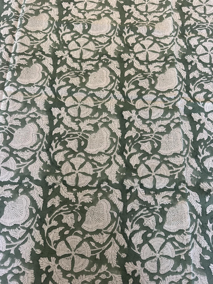 Duk 100% lin blokktrykket mønster 150x250 cm natur & grønn