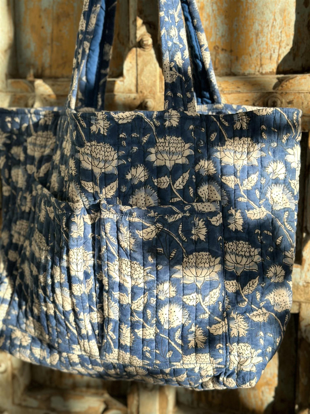 Vattert bag blokktrykket bomull flower delft blue