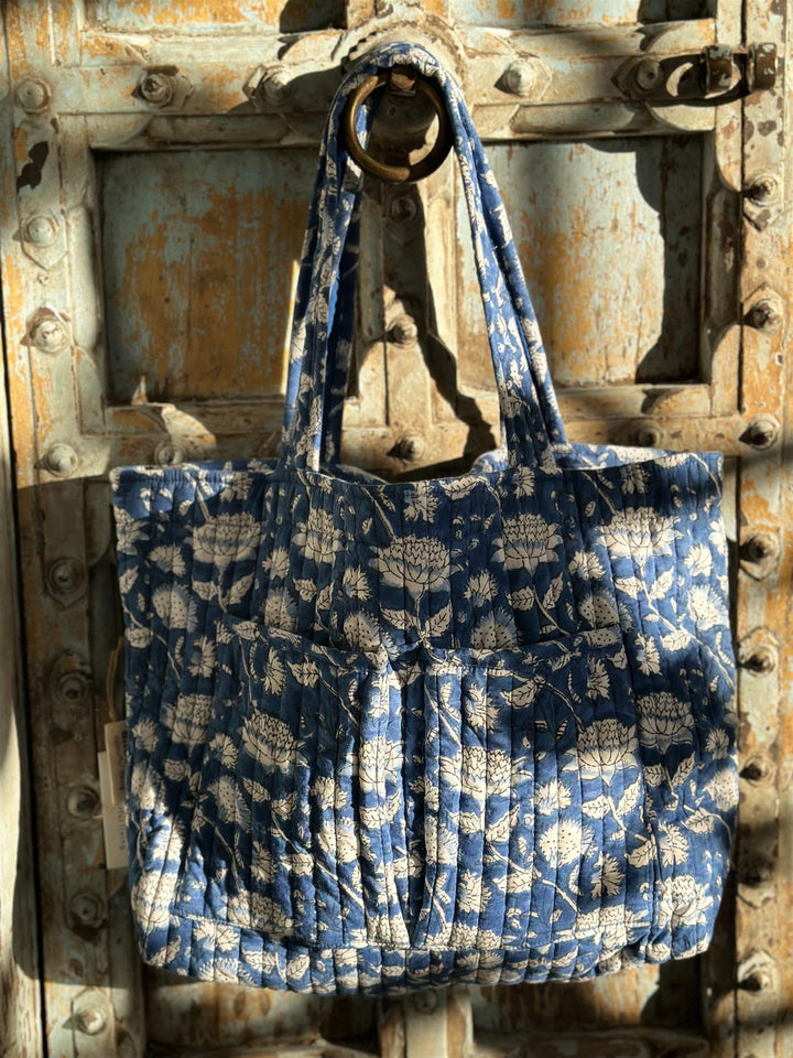 Vattert bag blokktrykket bomull flower delft blue