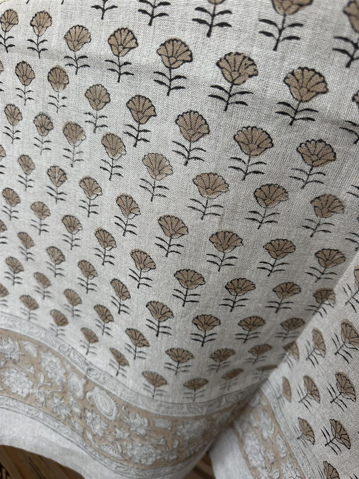 Duk 100% lin blokktrykket mønster 150x250 cm natur & brun